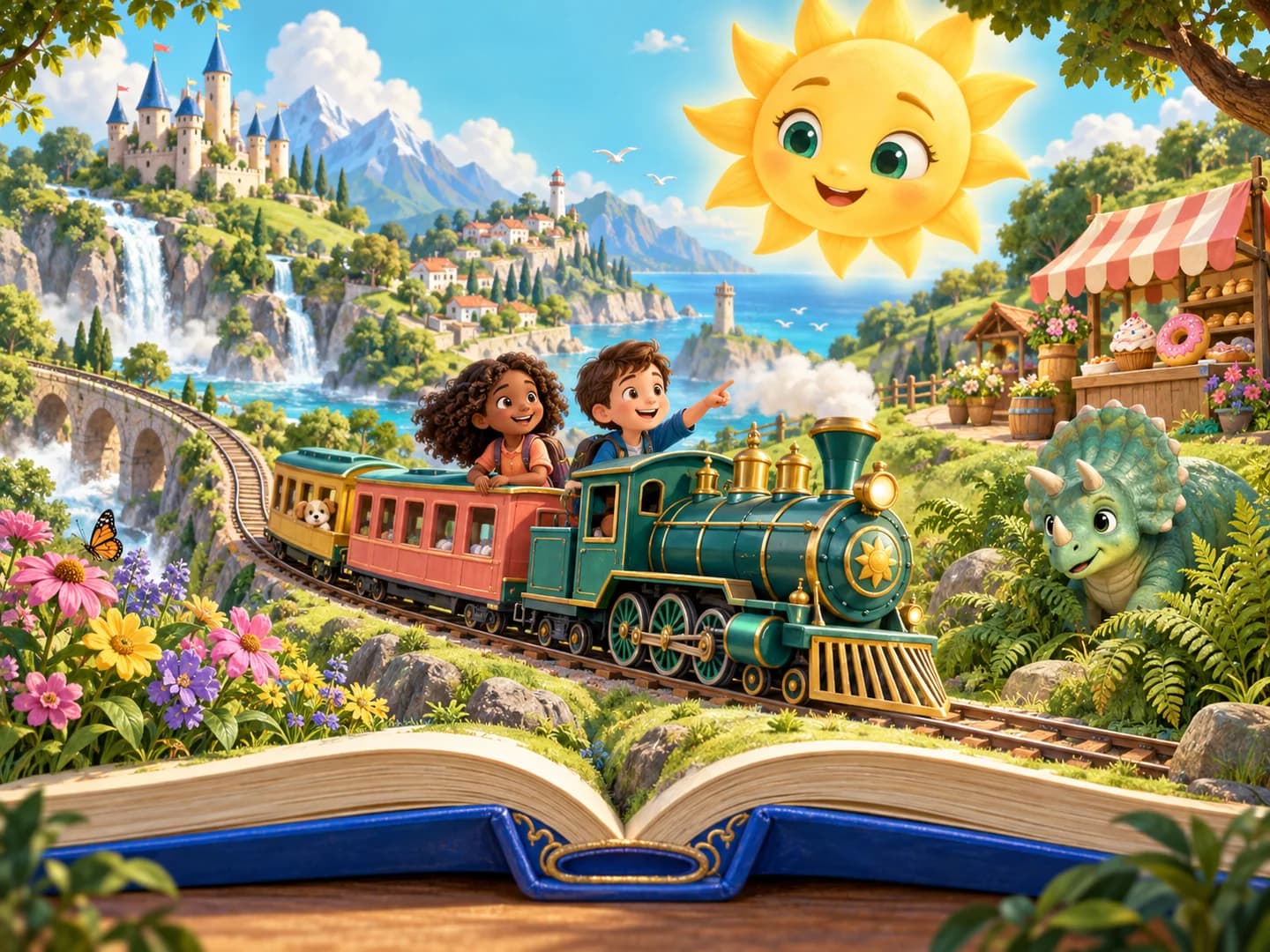 A storybook adventure with children riding a green train, a friendly dinosaur, a flower garden, a little bakery, and SunSharp’s green-eyed sun.